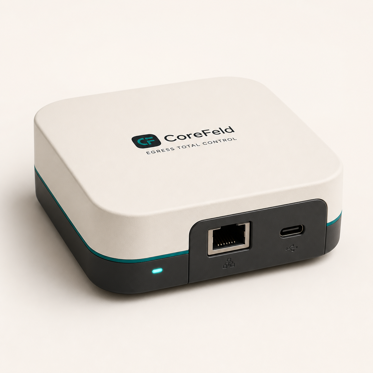 Compact off-white and charcoal Egress Total Control appliance with one Ethernet port and USB-C power.