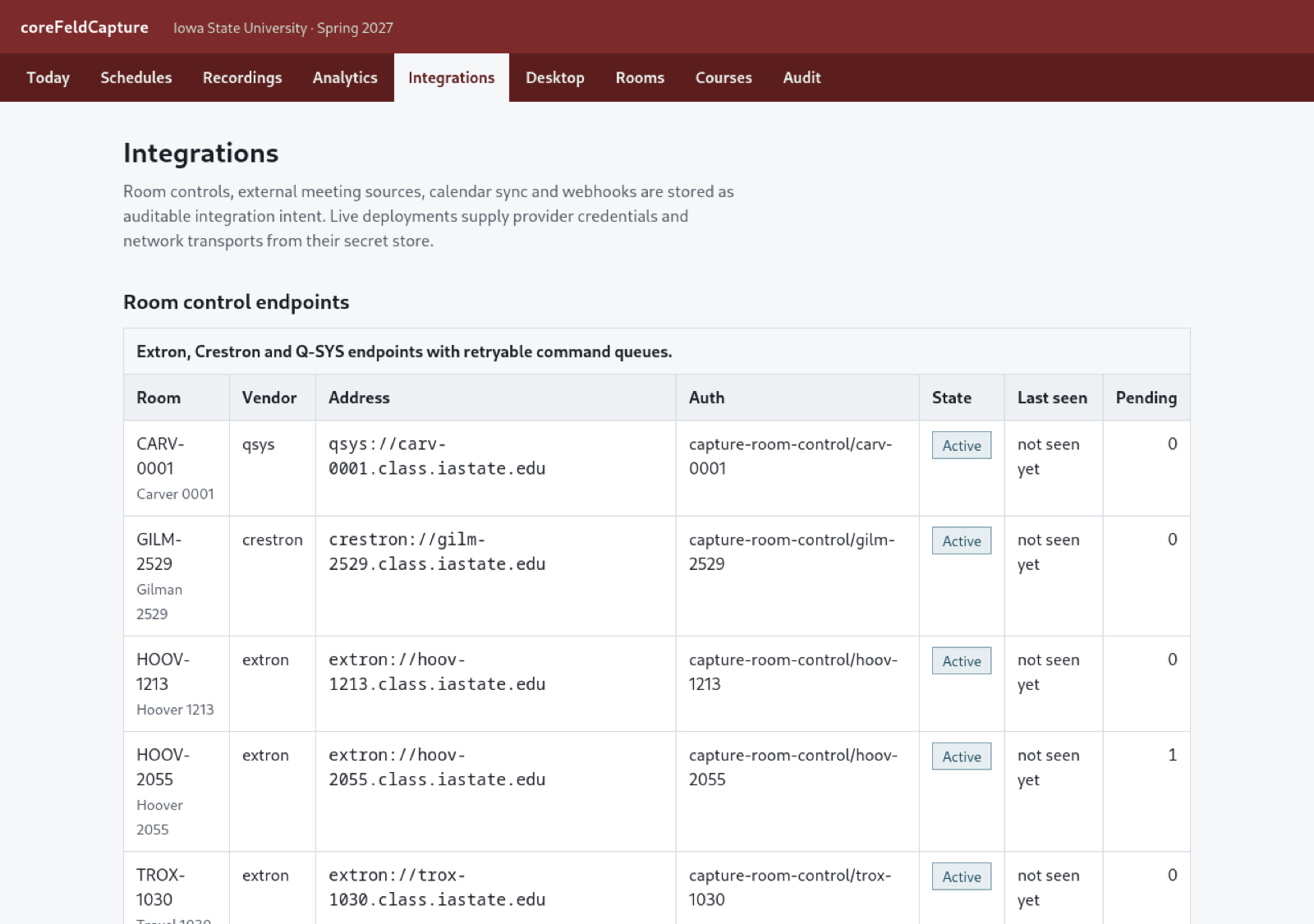 CoreFeld Capture integrations page for room controls, calendars, Teams, Zoom, and signed webhooks.