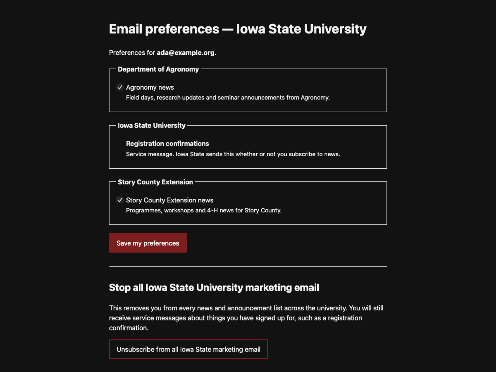 CoreFeld Comms email preference center grouping subscriptions by department and separating service messages from marketing.
