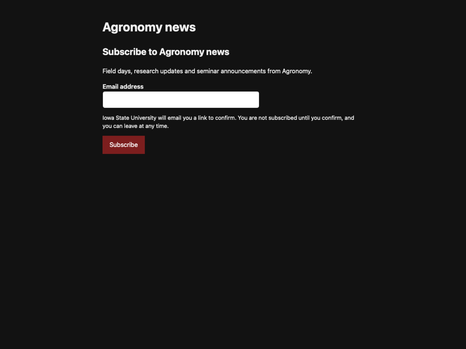 CoreFeld Comms accessible subscription form for Agronomy news.