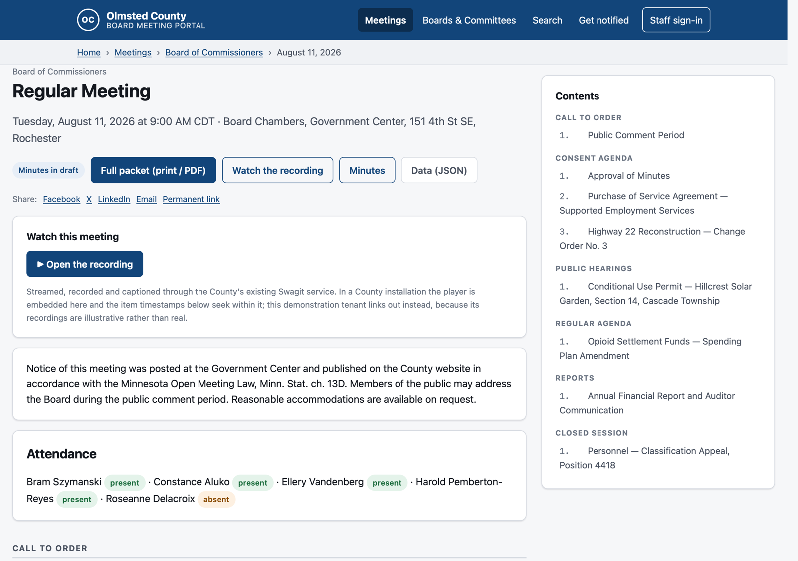 CoreFeld Docket public meeting page showing the packet, recording, minutes, open-data link, attendance, and agenda contents.
