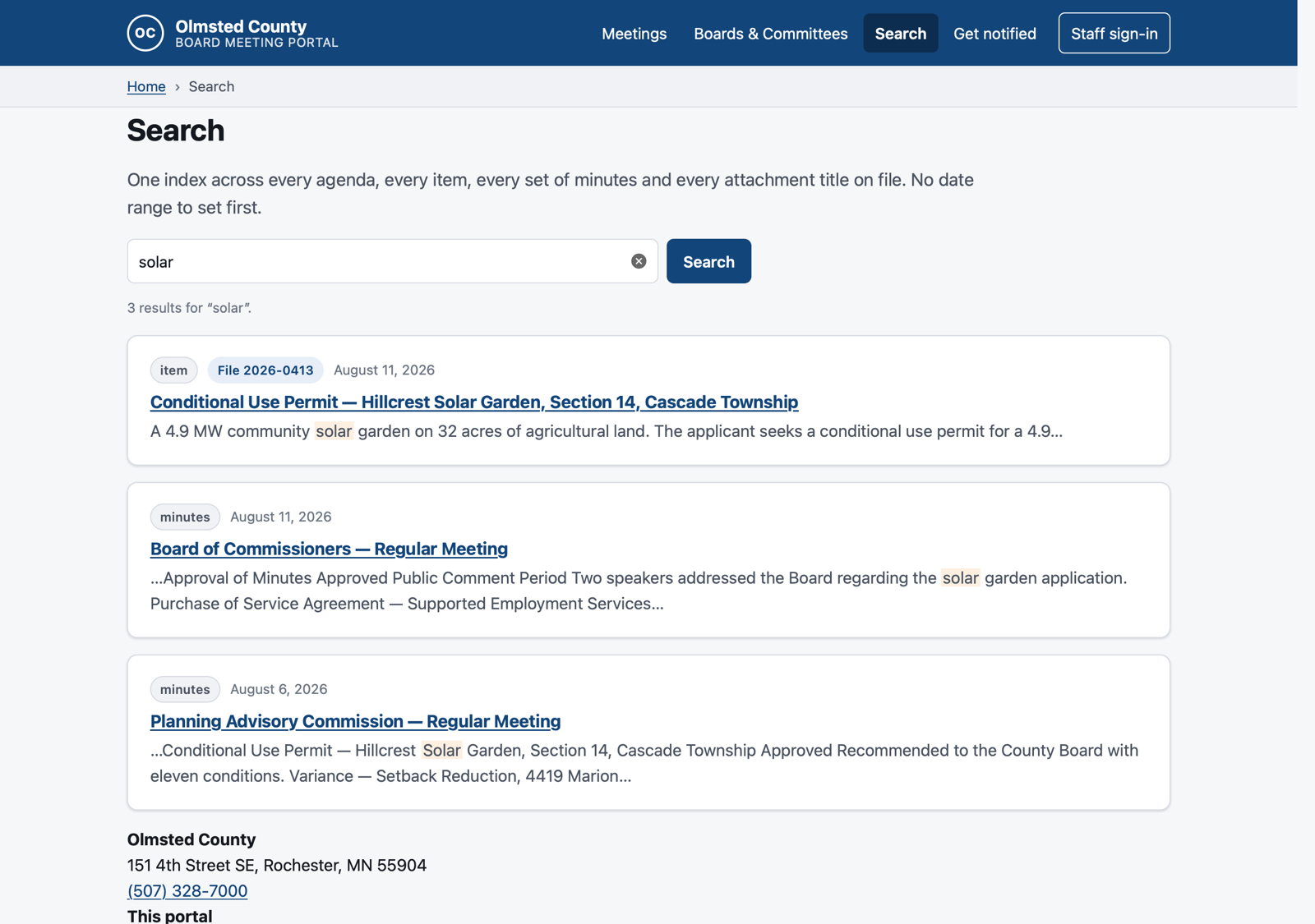 CoreFeld Docket search results for solar across agenda items and meeting minutes.