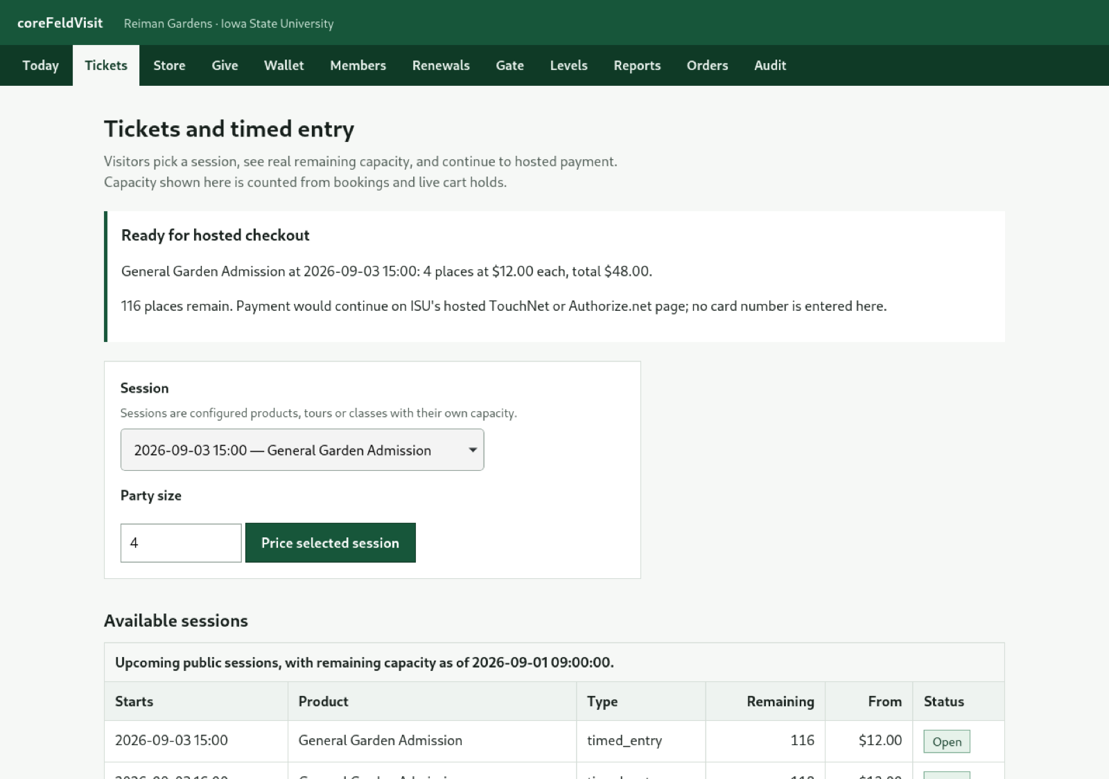 CoreFeld Visit timed-entry page showing a selected admission session, party size, live remaining capacity, price, and hosted-checkout handoff.