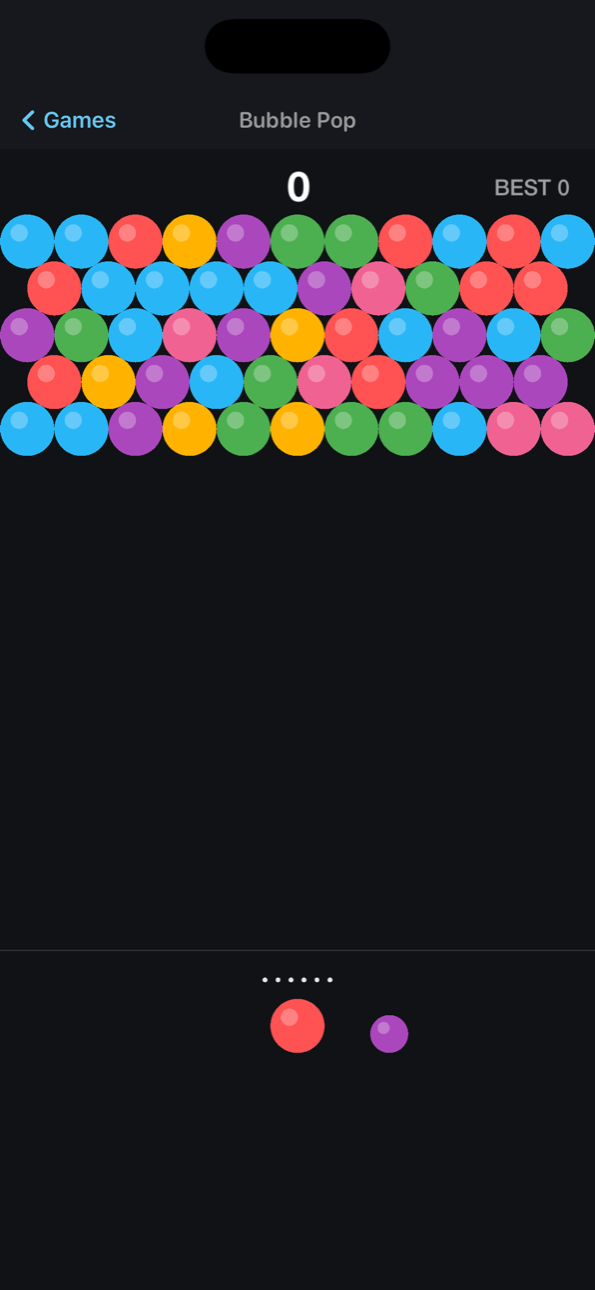 Bubble Pop running on iOS with a field of colored bubbles and the next shots ready below it.
