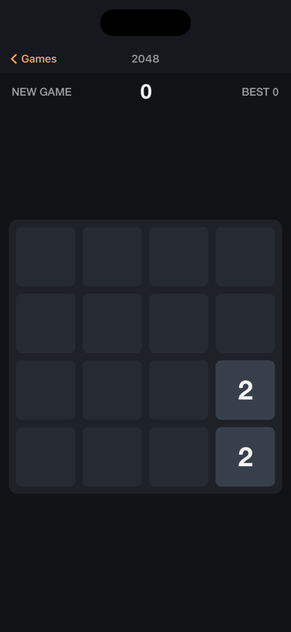 A game of 2048 running in the Free Smartphone Games iOS app.