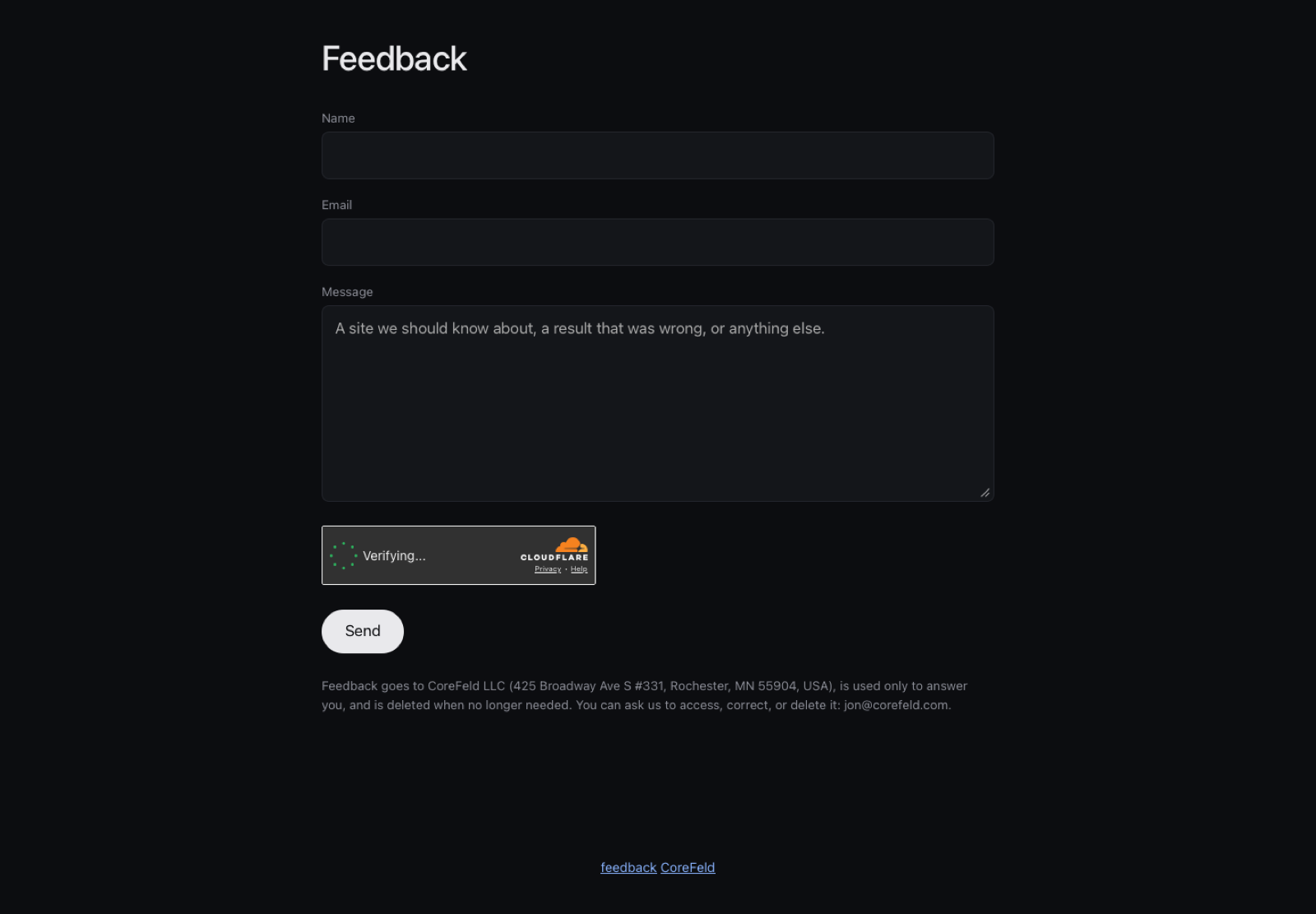 Seekum feedback form for reporting a missing site, an incorrect result, or another issue.