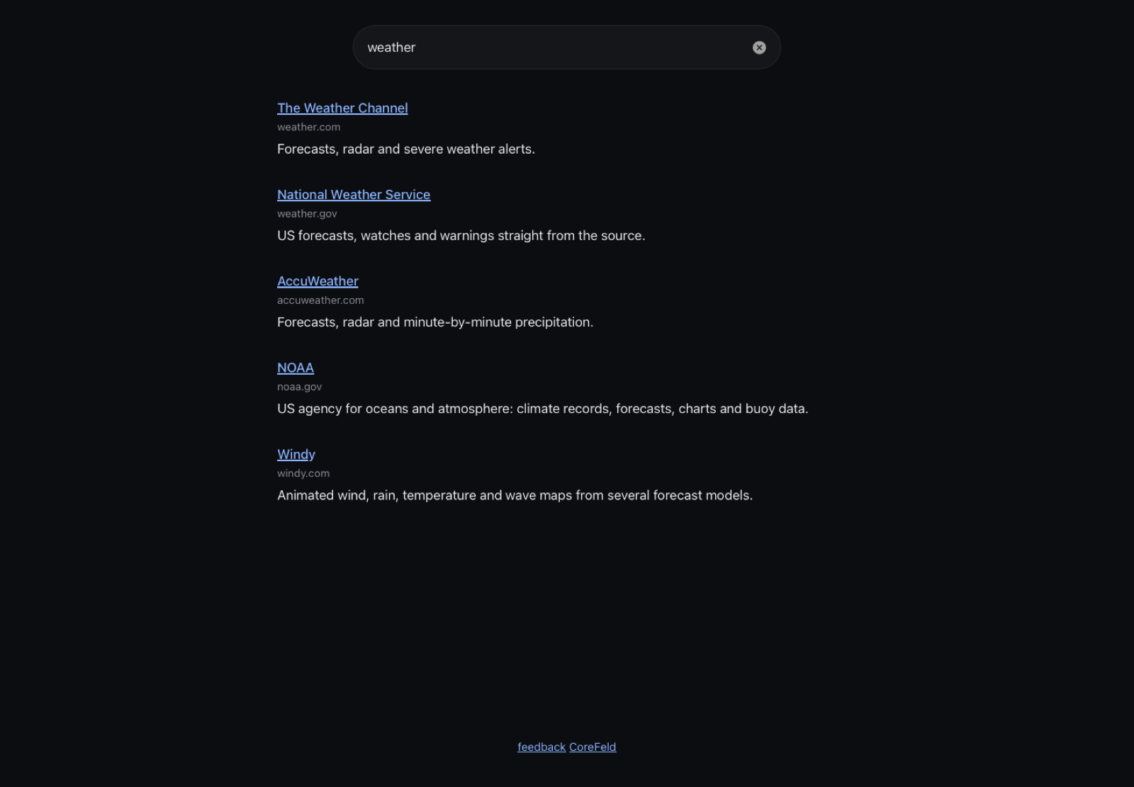 Seekum results page for a weather search, listing five hand-checked weather destinations without advertisements or sidebars.